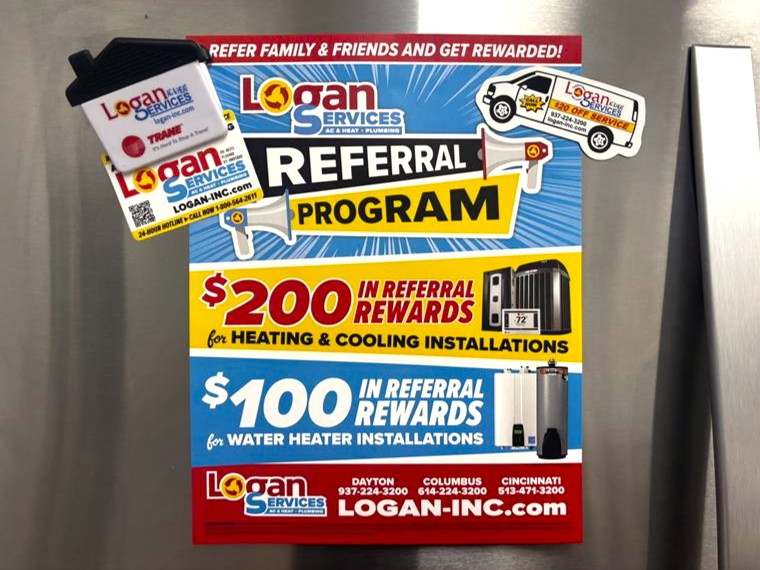 Logan Services marketing materials, including Referral Flyer, Magnets, and Business Card.