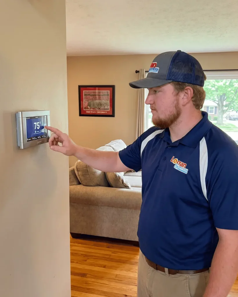 Logan Services HVAC technician adjusting thermostat