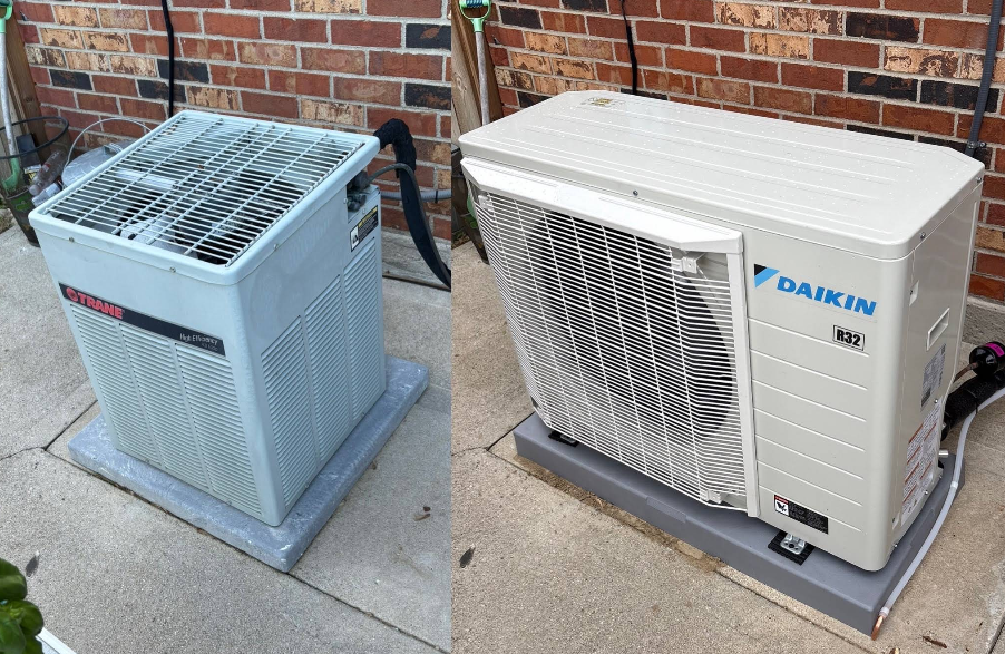 Daikin AC unit - before and after with old Trane unit installed by Logan Services in Huber Heights.