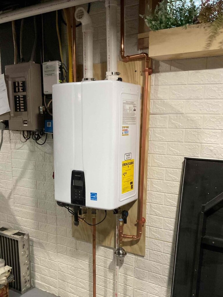 Navien tankless water heater installed by Logan Services plumbers.