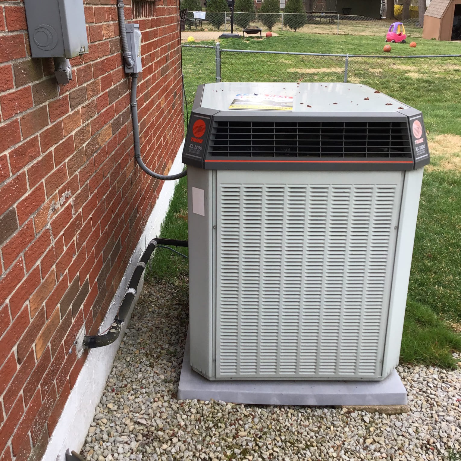 40+ year-old Trane heat pump replaced by Logan Services in Bellbrook, OH.
