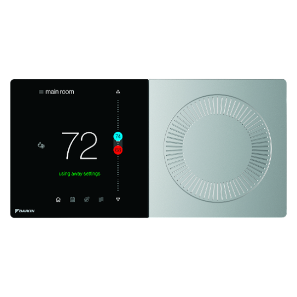 Image of Daikin One+ smart thermostat with touchscreen display, mounted on a wall.