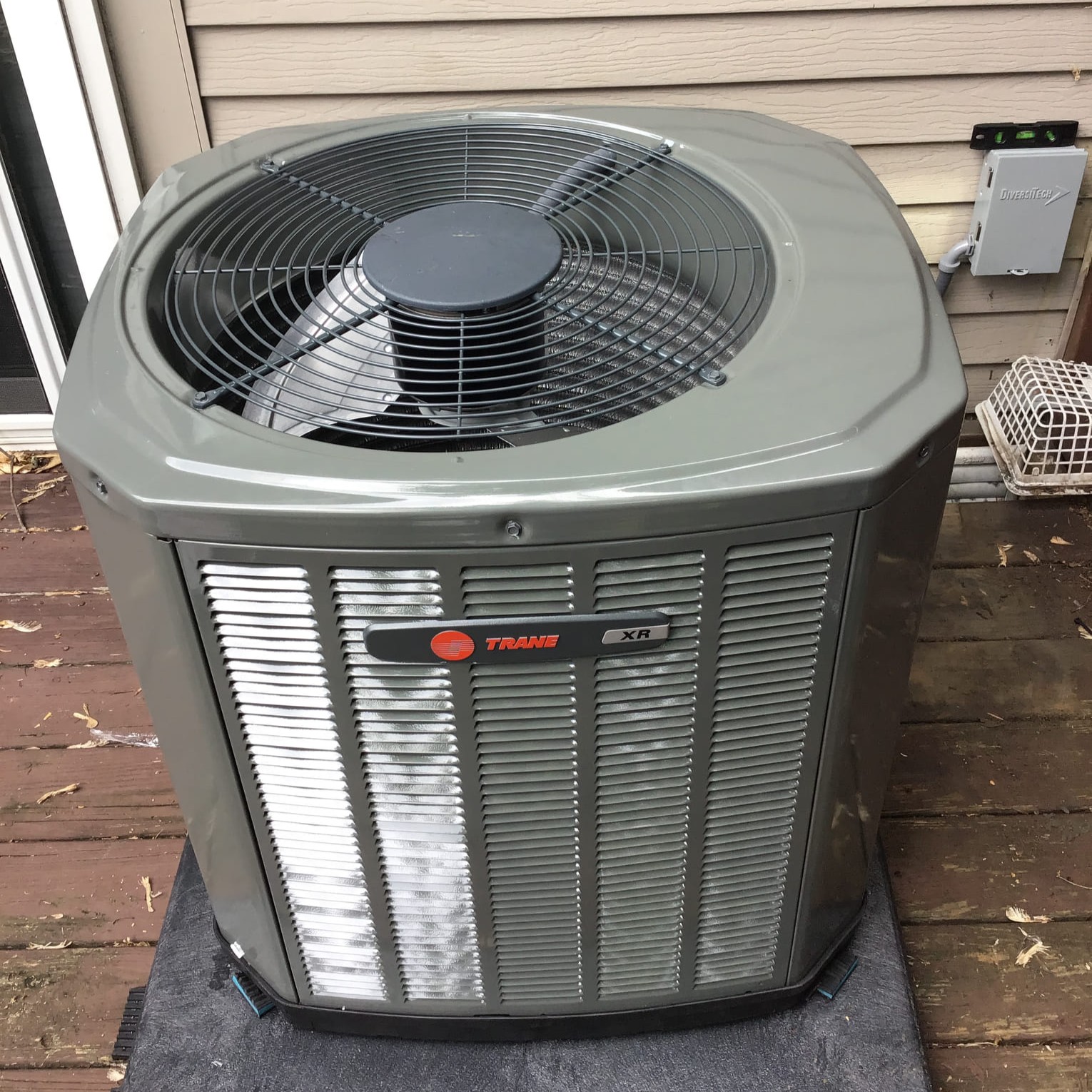 Outdoor AC unit, manufactured by Trane and installed by Logan Services in Worthington, OH.