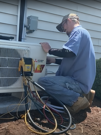 Logan Services HVAC technician installing a new Mitsubishi ductless system.
