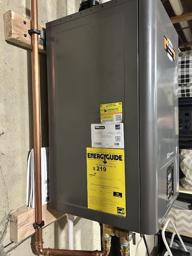 EnergyGuide on the side of a State tankless water heater.