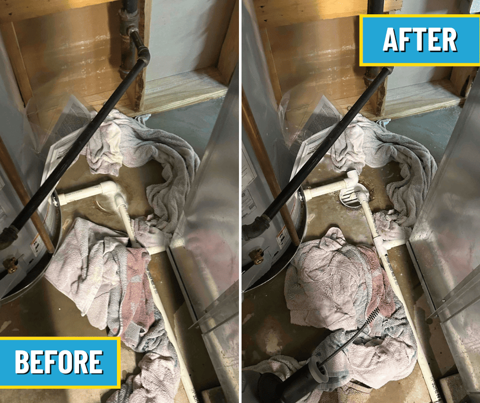 drain clog before and after repair by Logan Services plumbers.