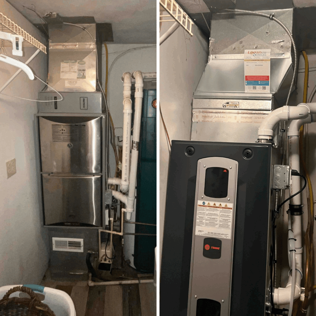 Before and after of Trane furnace replacement by Logan Services in Milford, OH.