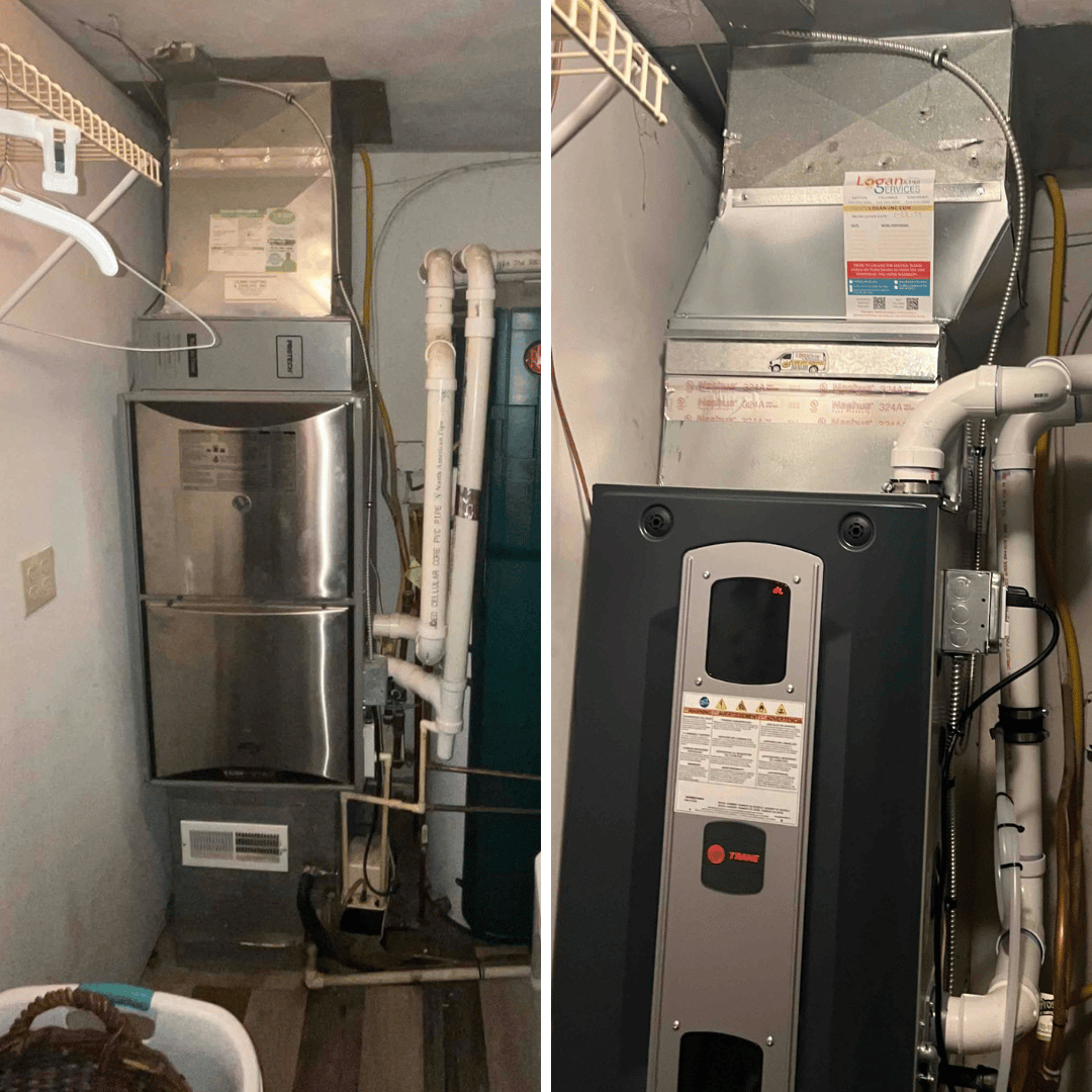 Before and after of Trane furnace replacement by Logan Services in Milford, OH.