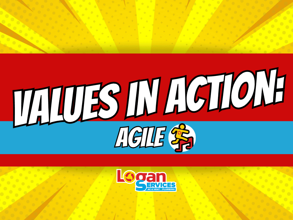 Comic-inspired graphic that says "Values in Action, Agile" with the Logan Services logo