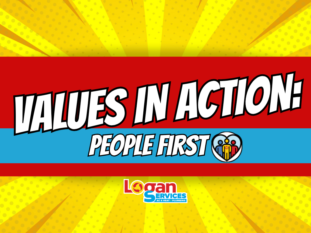 Comic-inspired graphic that says "Values in Action, People First" with the Logan Services logo