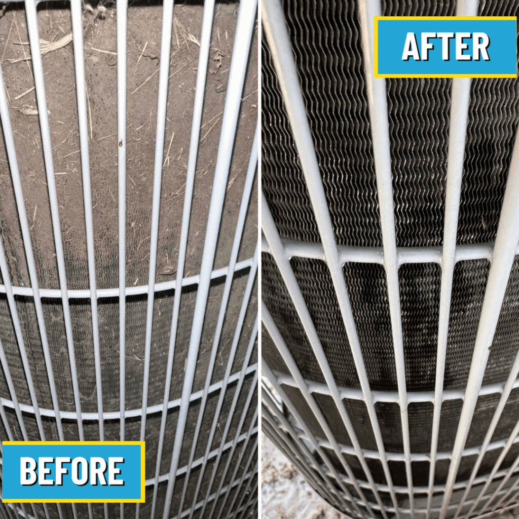 Before and after of AC maintenance cleaning with Logan Services HVAC technicians.