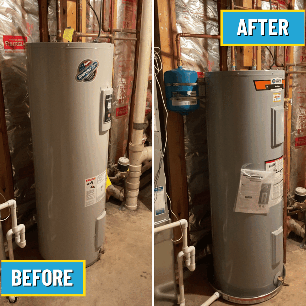 Water heater replacement before and after from Logan Services plumbers.