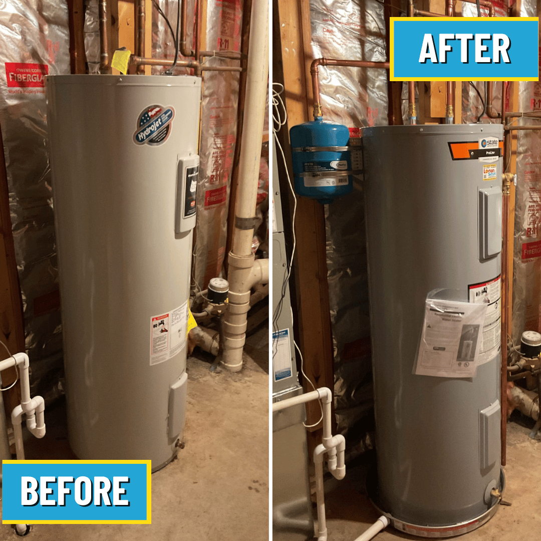 Water heater replacement before and after from Logan Services plumbers.