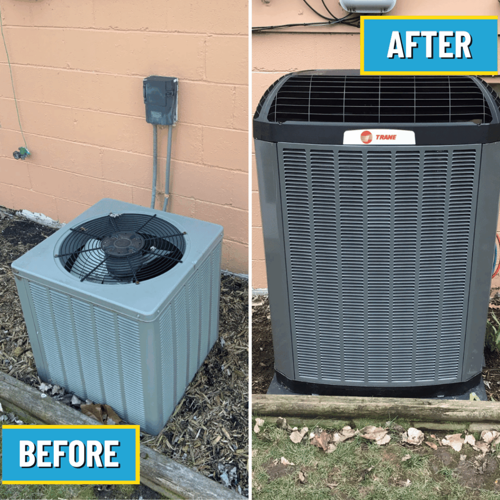 Before and after of Trane AC installation with Logan Services HVAC technicians.