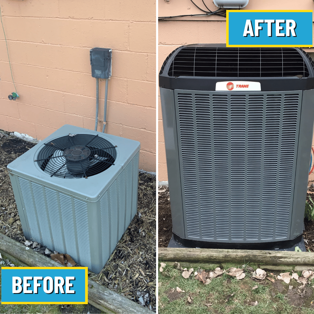 Before and after of Trane AC installation with Logan Services HVAC technicians.