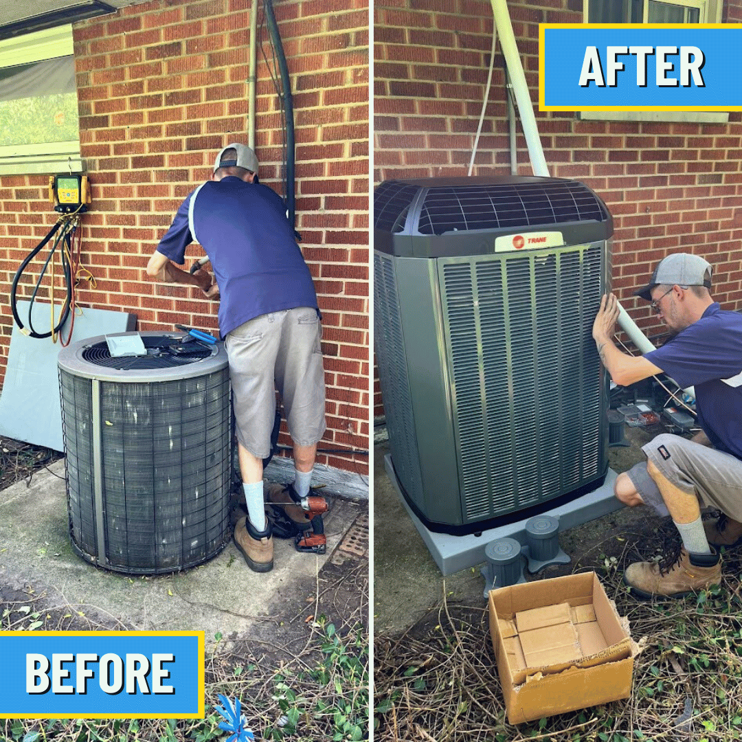 before and after of Trane heat pump replacement by Logan Services in Huber Heights, OH.