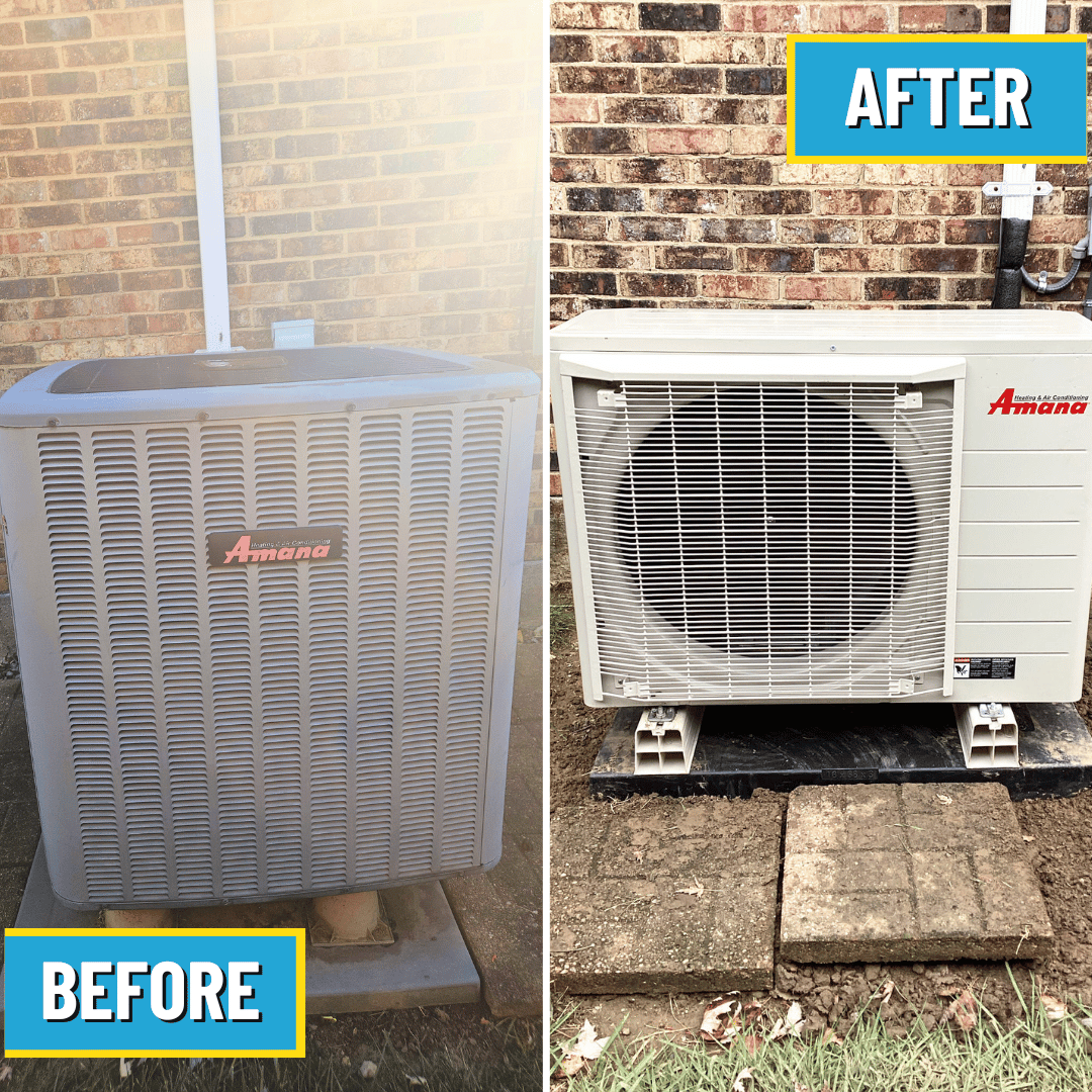 Before and after of heat pump replacement in Huber Heights by Logan Services HVAC technician.
