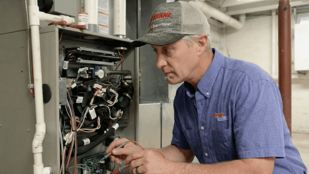 Logan Services HVAC technician repairing furnace