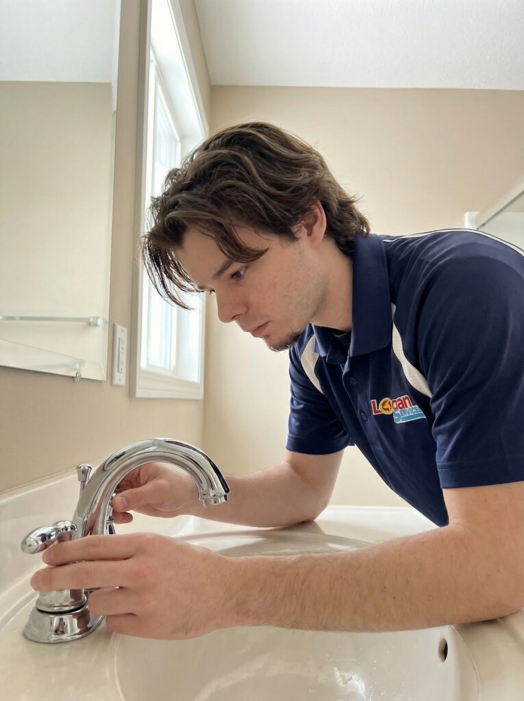 Logan Services plumber inspecting bathroom sink faucet.