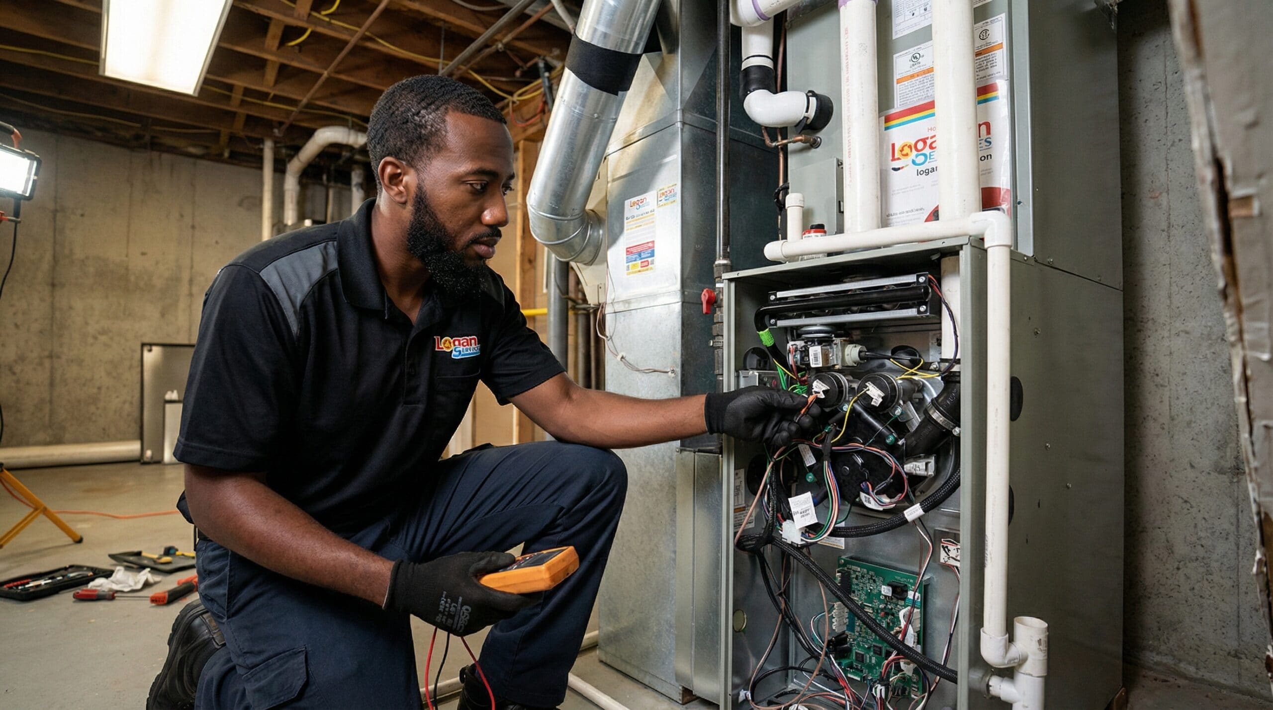 Logan Services HVAC technician repairing furnace
