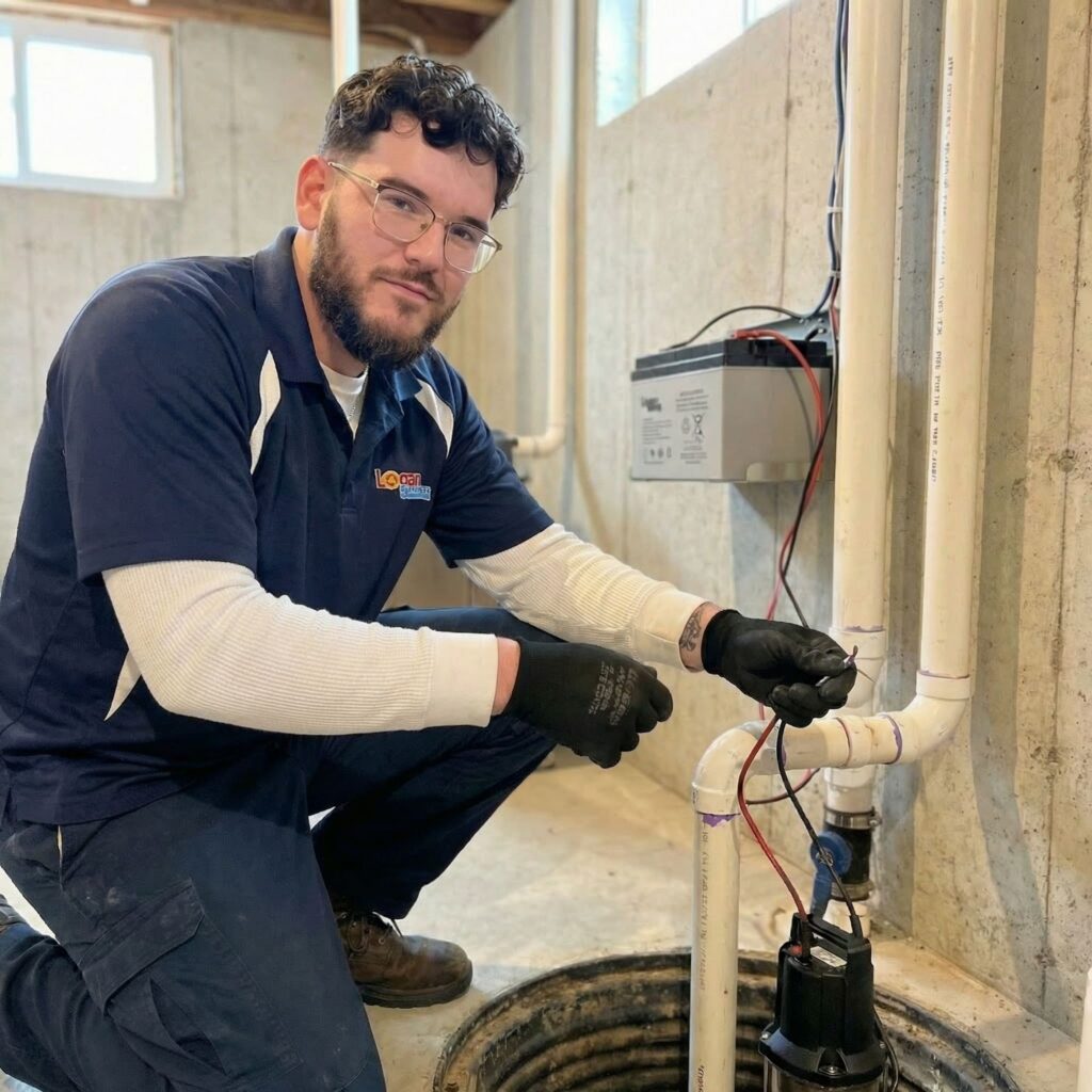 Logan Services plumber installing sump pump battery backup system.