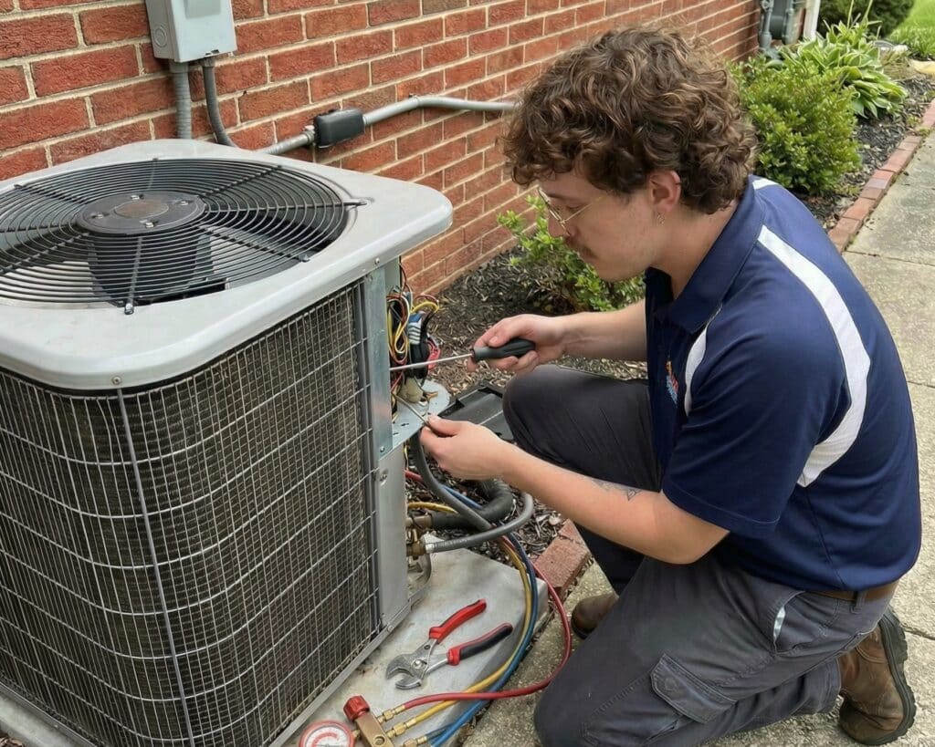 Logan Services HVAC technician performing AC repair