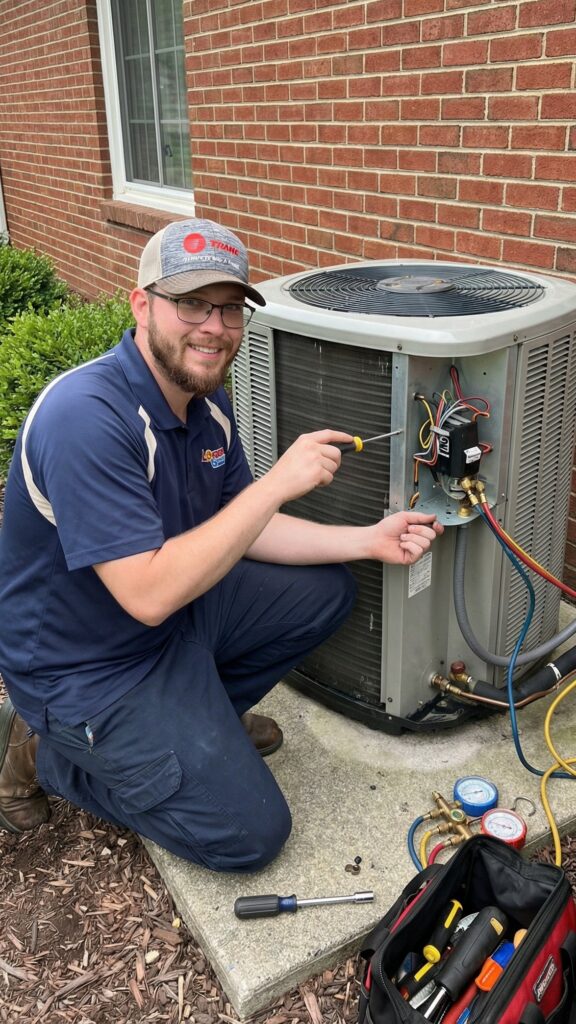 Logan Services HVAC technician repairing AC unit