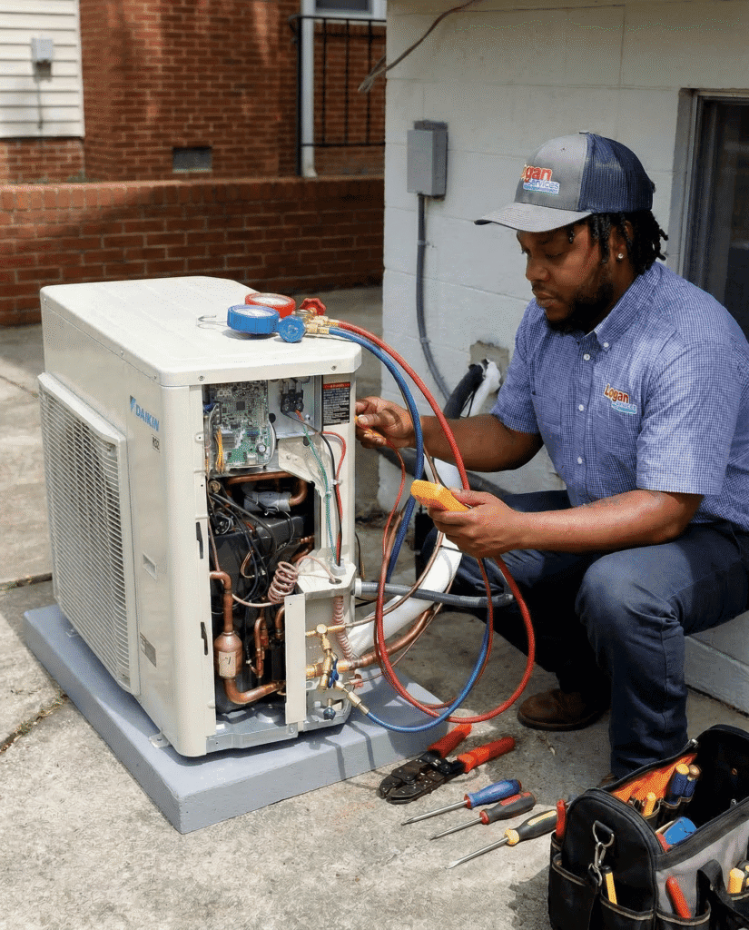Logan Services HVAC technician installing Daikin AC unit