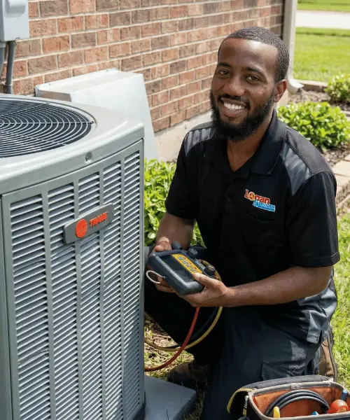 Logan Services HVAC technician performing AC maintenance