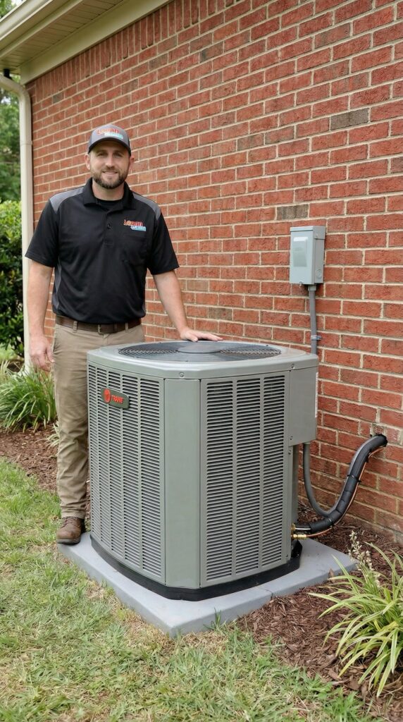 Logan Services HVAC technician posing with Trane heat pump