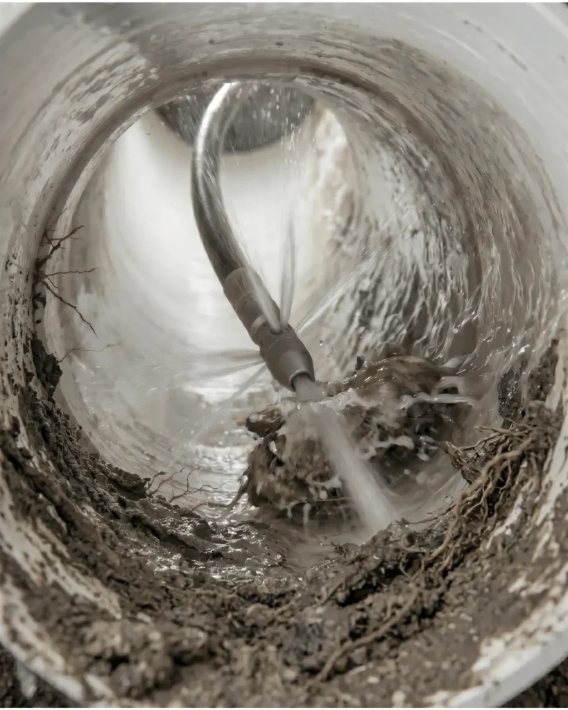 Cross-section of sewer pipe being cleaned with a hydro jet