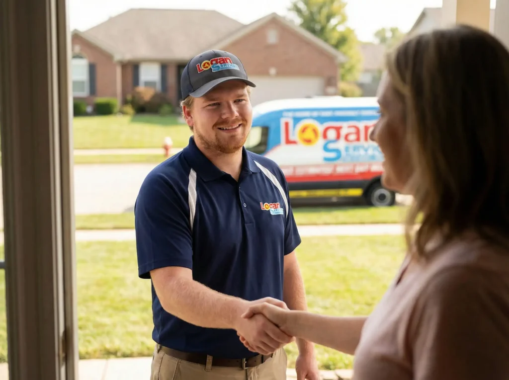 Logan Services plumber shaking homeowner's hand