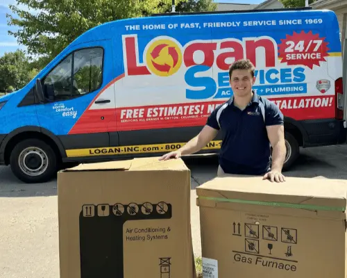 Logan Services HVAC installer posing with van, AC, and Furnace