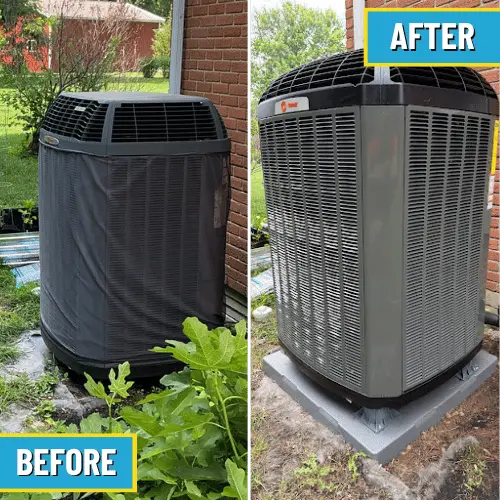 before and after of heat pump replaced in Troy by Logan Services