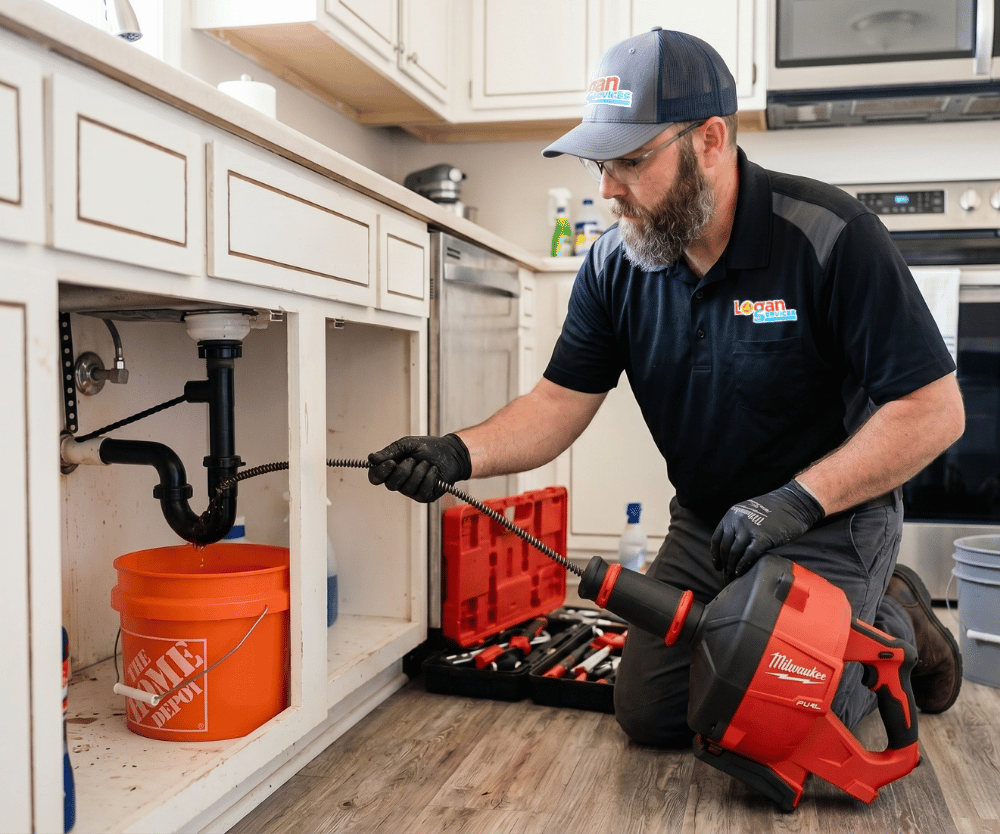 Logan Services plumber unclogging kitchen sink drain.