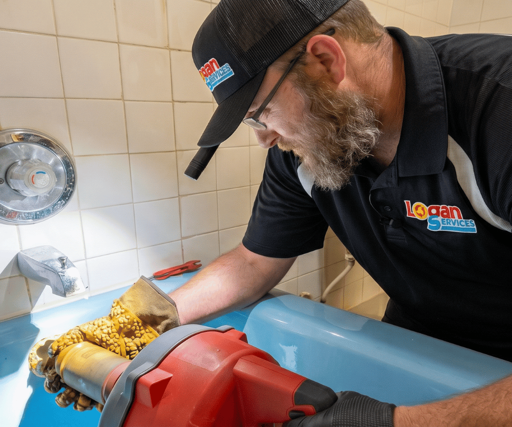 Logan Services plumber clearing tub drain