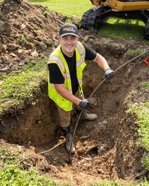 Logan Services plumber snaking sewer line.