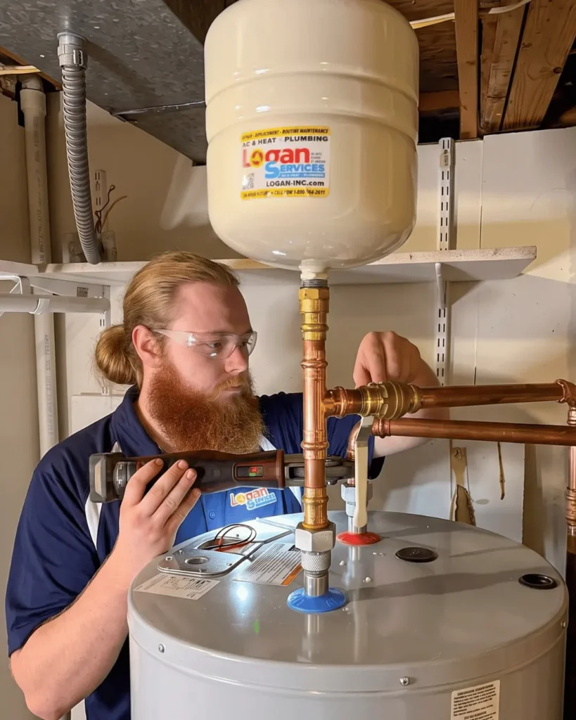 Logan Services plumber installing tanked water heater.