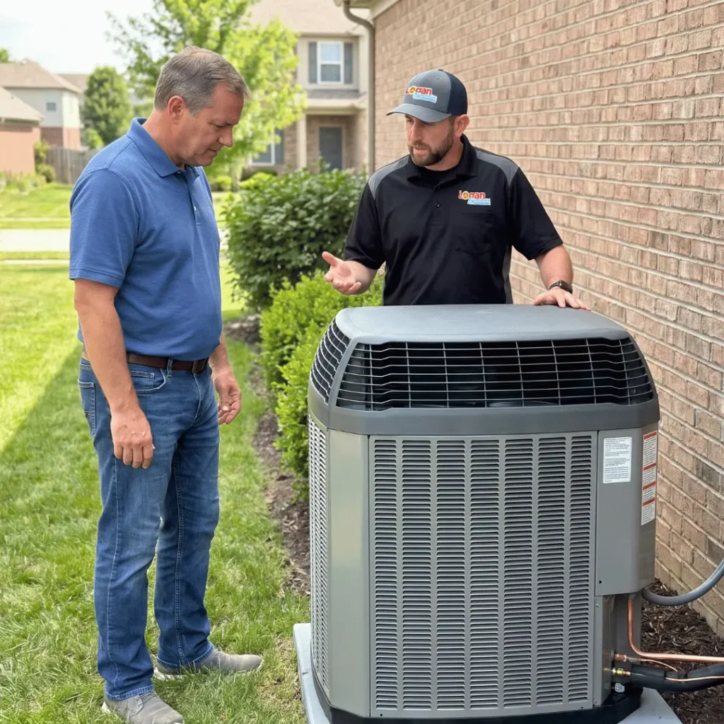 Logan Services HVAC installer explaining Trane system to homeowner.